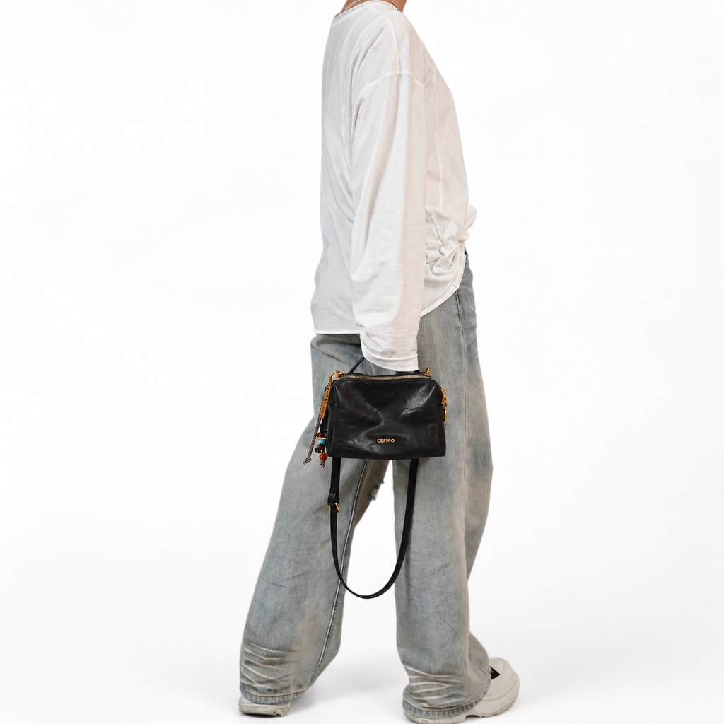 CEFIRO Structured Mini Shoulder Bag – Black Vegan Leather Crossbody & Top Handle Bag